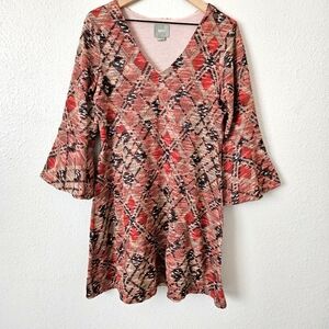ANTHROPOLOGIE Maeve Dress Bell Sleeve Pink/Brown Argyle Sz:Large Fall Classic